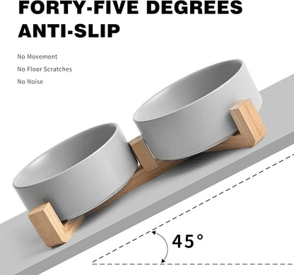 Mowtanco Grey Ceramic Dog & Cat Bowl Set – 13.5 OZ with Wooden Stand, Non-Slip, Elevated Design for Small Dogs & Cats – 2 Bowls (Food & Water, Ceramic Pet Bowls, Modern Dog Bowls)