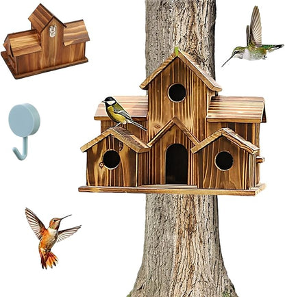 6 Hole Handmade Bird House, Bird Houses for Outside, Hummingbird House, Hanging Nest Box for Birds, Outdoor Wooden Birdhouses for Outside, Backyard, Garden, Patio, Nature Lovers Gift (1pcs)
