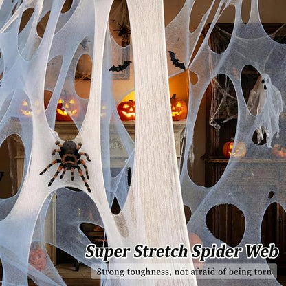 wymulot 1600 Sqft （After Streched with Holes） Uncut Giant Spider Web Halloween Decorations Outdoor with 10 Ground Nails Stretchy Beef Cloth Netting Cut-Your-Own Flexible Elastic for Yard Party Decor