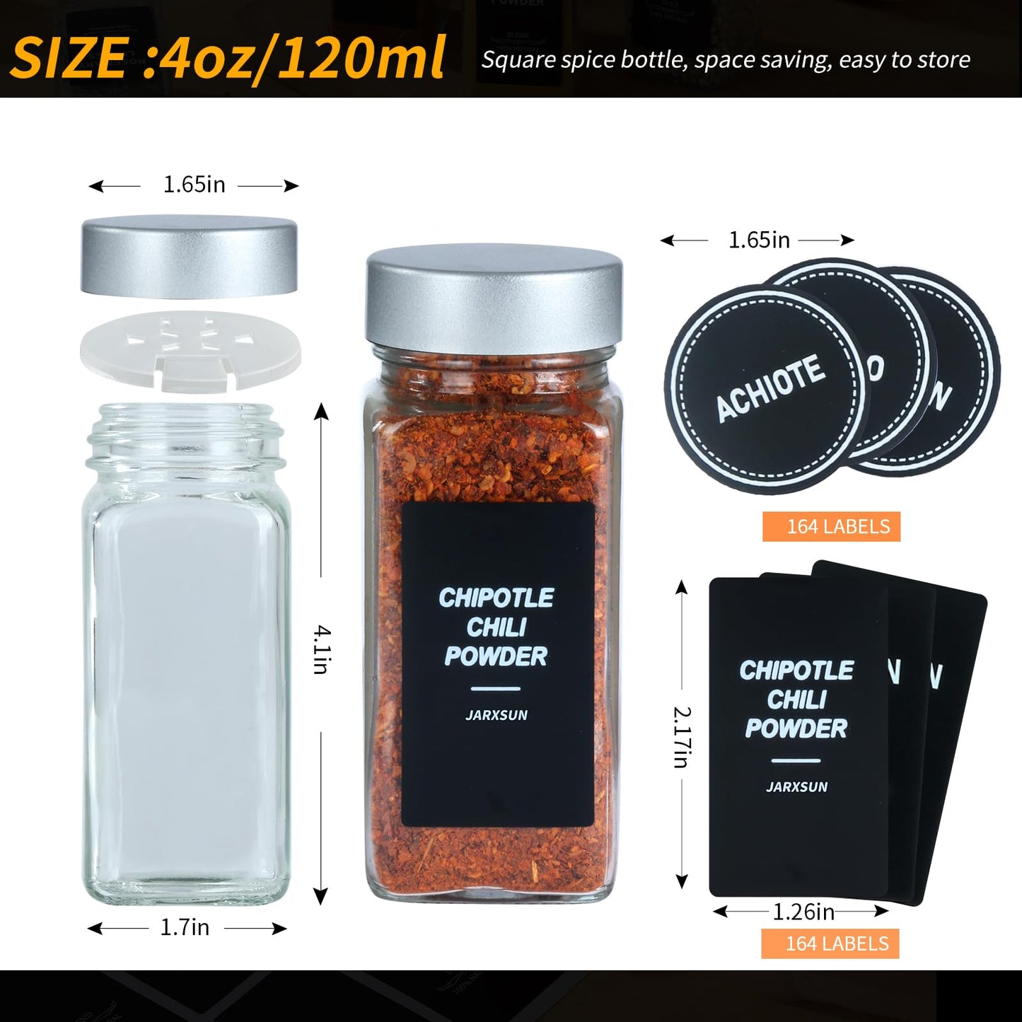 JARXSUN 24 Glass Storage Jars- Spice Jars with Label-4oz Spice Containers with Shaker Lids and Silvery Lids,3 Sets of Spice Labels for Spice Rack