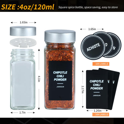 JARXSUN 24 Glass Storage Jars- Spice Jars with Label-4oz Spice Containers with Shaker Lids and Silvery Lids,3 Sets of Spice Labels for Spice Rack