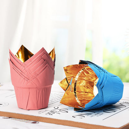 Party Hippo Gold Tulip Cupcake Liners, 100 Count Baking Paper Cups, Greaseproof Cupcake Wrappers for Muffins, Cupcakes, Wedding, Birthday, Baby Shower