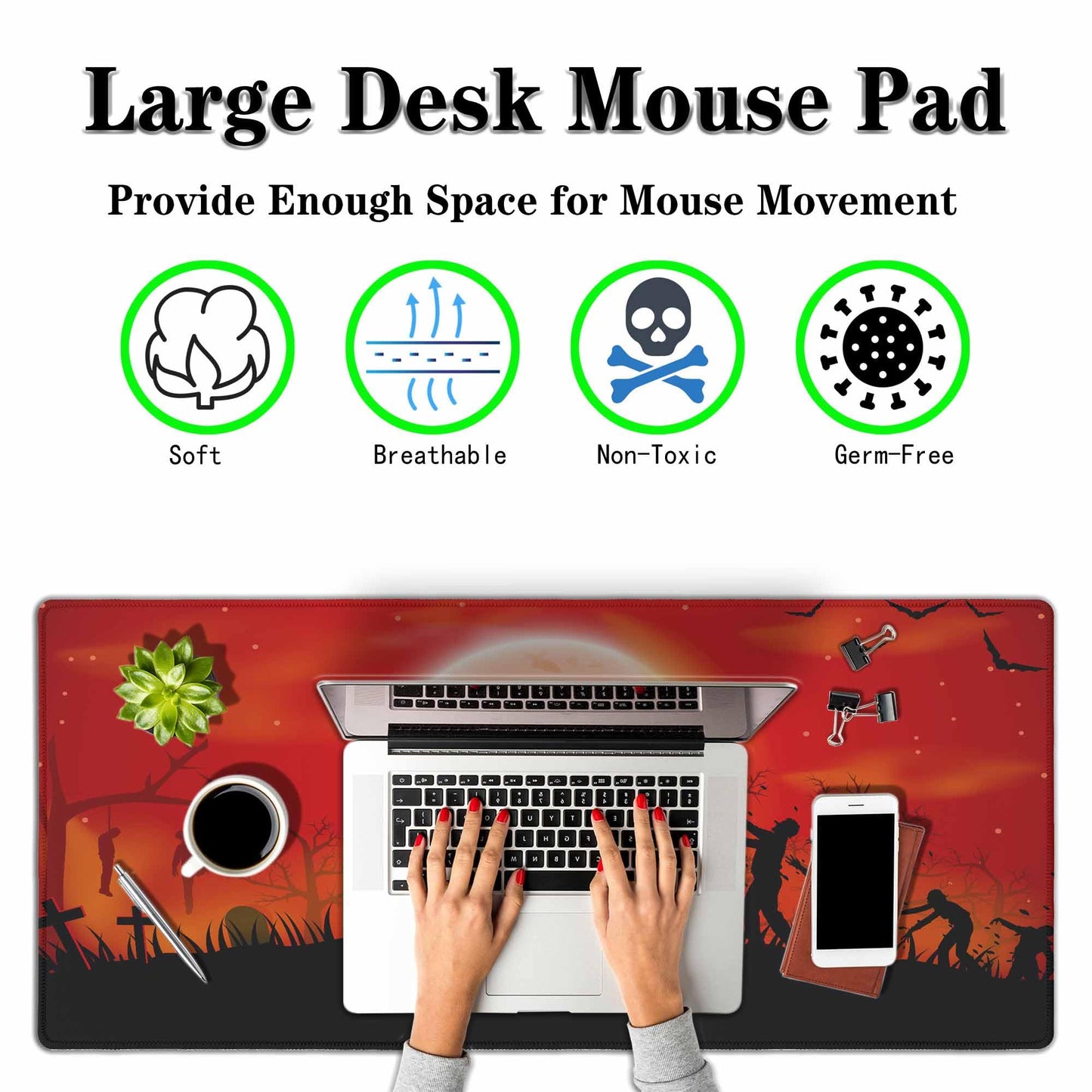 Y YIHANGBEST Zombie Apocalypse Mouse Pad Keyboard Mat Red Sky Full Moon Leafless Trees and Crosses Black Bats Large Gaming Mousepad for Desk,Computer,Office 35.4"X15.7"