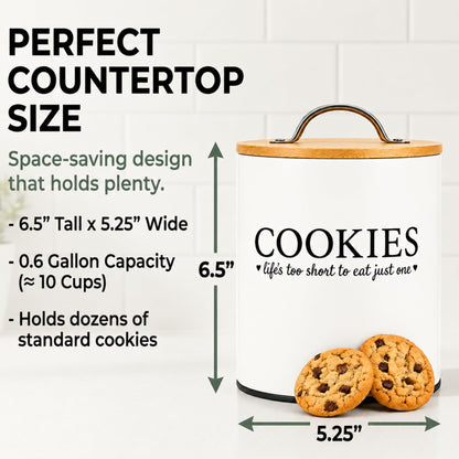 D'Lifeful Cookie Jar with Airtight Bamboo Lid – 0.6 Gallon Cute and Decorative Cookie Storage for Kitchen Countertop – Farmhouse Storage Tin for Freshness – Great Gift Idea