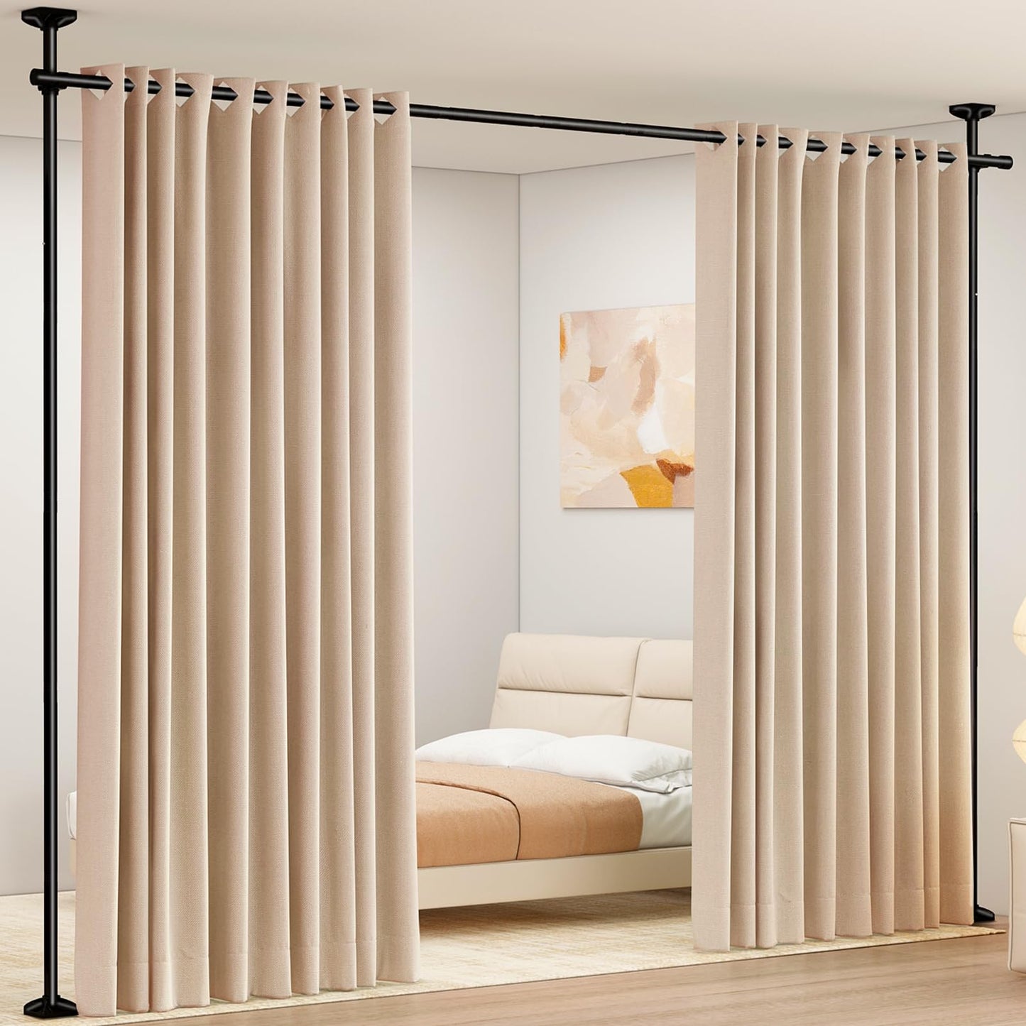 SUNALLY Room Divider Curtain Rod, No Drilling Room Separator for Space Partition Adjustable 4-10ft(H) 28-70inch(W) Heavy Duty Temporary Wall Divider Floor to Ceiling Tension Rod, Black