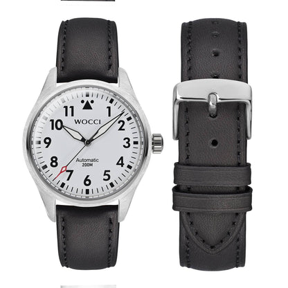WOCCI 20mm Vintage Leather Watch Band for Men and Women, Silver Buckle (Black)