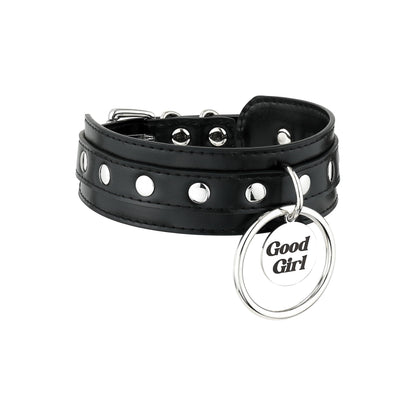 ADEMISHIA Black O-ring Leather Choker Collar for Women, Gothic Punk Style Adjustable Choker Necklace with Rivets and Engraved Letters Steel Tag