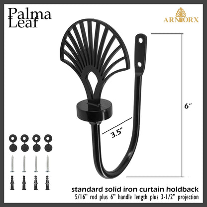 ARNORX Palma Leaf Curtain Holdbacks, Set of 2, Decorating Drapery Tie Backs, Hooks (Black)