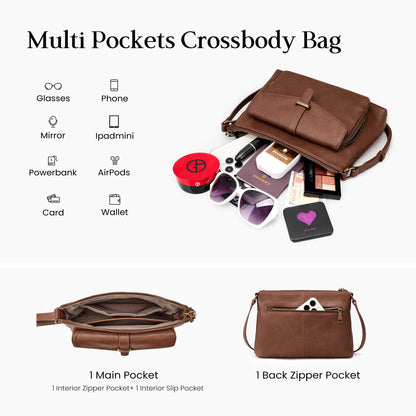 befen Genuine Leather Purses for Women Small Crossbody Purse with Built in RFID Wallet Soft Real Leather Cross Body Bags Brown Shoulder Bag with Adjustable Strap Trendy Handbag for Trave L& Daily