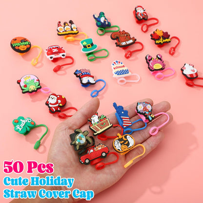 Ovveroche 50 Pcs Holiday Straw Toppers Compatible with Stanley Cup Silicone Cute Straw Cover Cap for Christmas Halloween Easter Independence Day St Patrick's Day 10mm