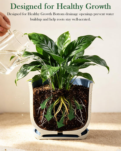 Avyra Velen Plant Pots Set of 3 with Drainage Hole and Saucer for Plants, 4.3+5.5+7 Inch Ceramic Planter for Indoor House Plant, Modern Home Decor, Blue