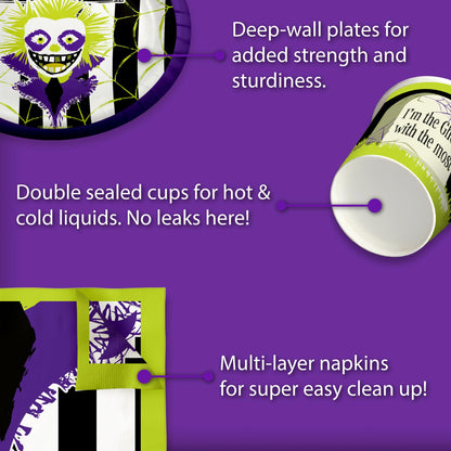 Beatlejuice Party Supplies - Ghost Birthday Supplies - Halloween - Tableware Set Includes Plates Napkins Cups - Kit for 16
