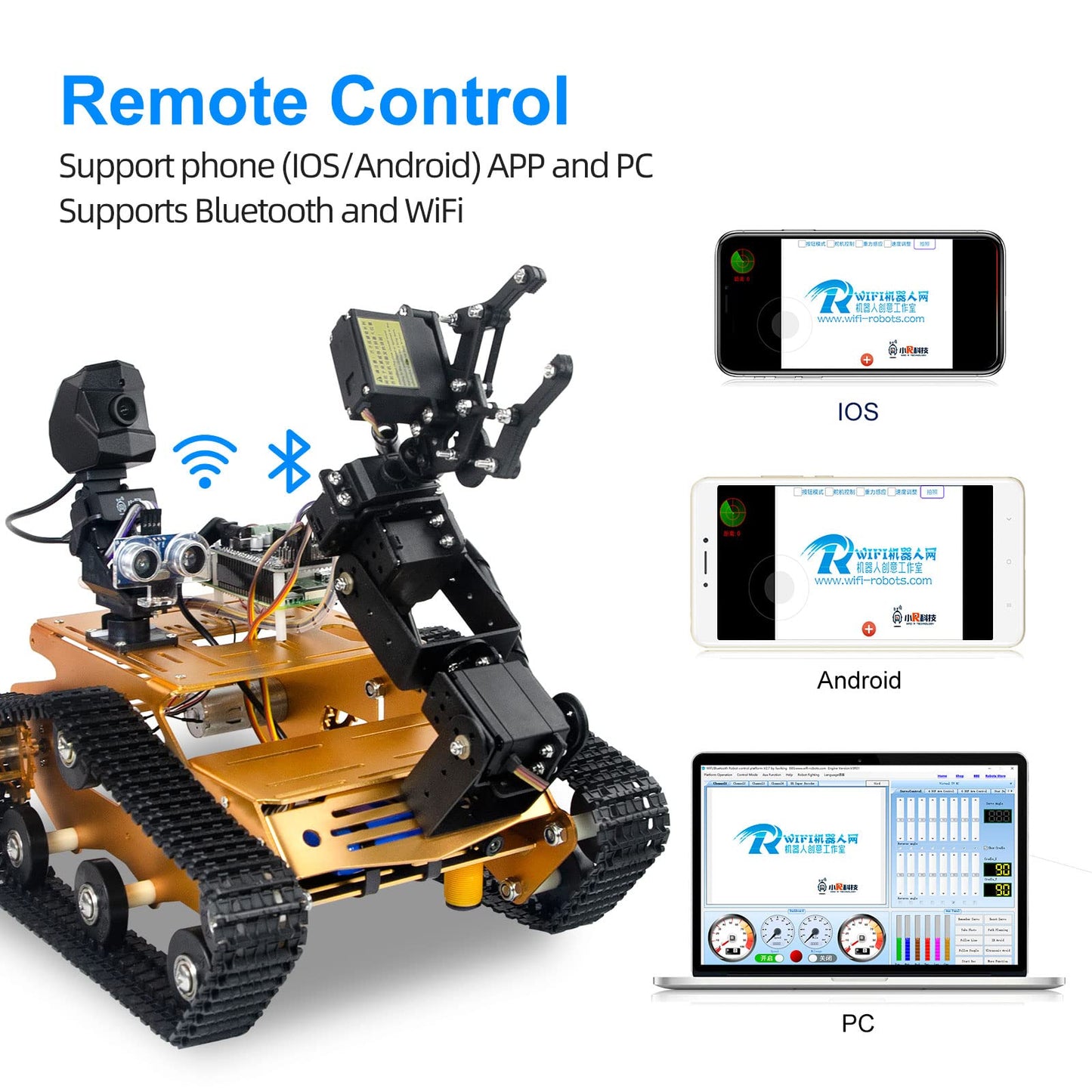 XiaoR Geek Raspberry Pi Smart WiFi Robot Car Kit, with 2DOF Hd Camera 4DOF Robotic Arm Tank Chassis Kit, Remote Control Programmable AI Vehicle Toy Controlled by Android/iOS App PC