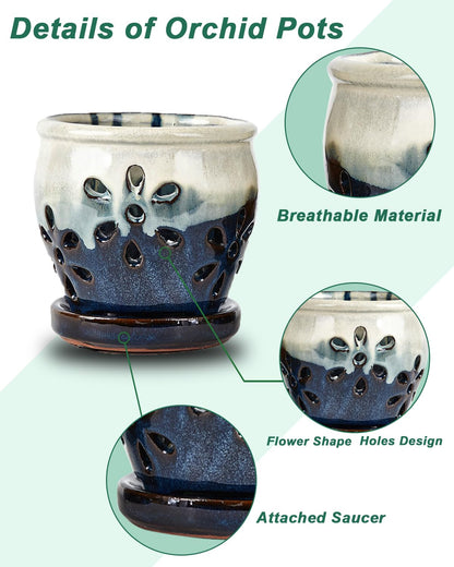 Vensovo 4 Inch Ceramic Orchid Pots with Drainage Holes and Saucers, 2 Pcs Small Planters for Orchids Succulents Repotting, Indoor Outdoor Ceramic Flower Pots for Healthy Root Growth (Blue, Blue Mixed)