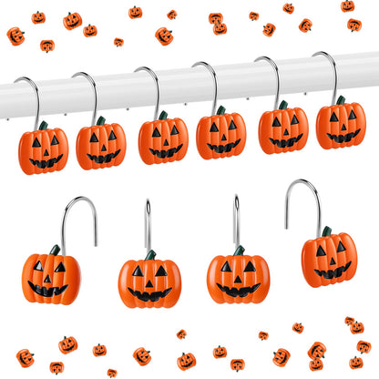 Yungyan 12 Pcs Halloween Shower Curtain Hooks Pumpkin Curtain Hangers Orange Autumn Fall Decorative Rings for Halloween Bathroom Restroom Decor