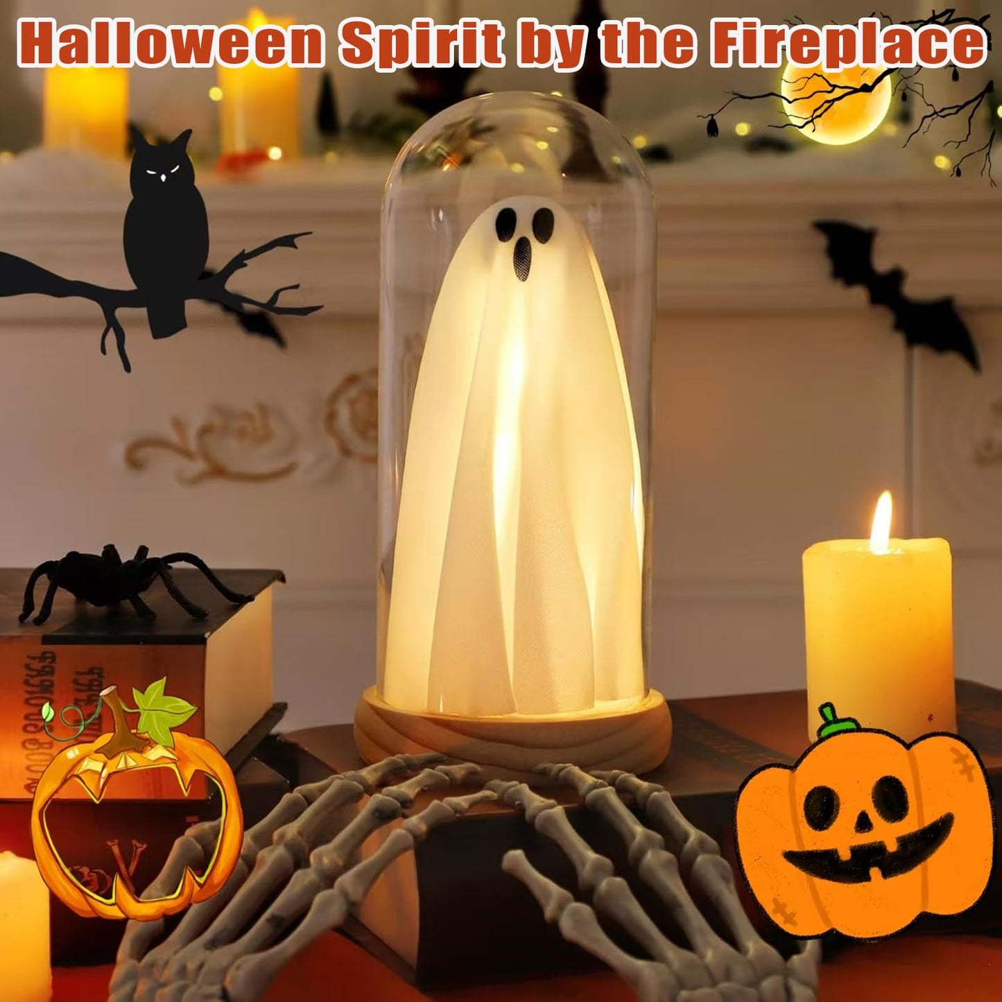 Strackvial Halloween Ghost LED Decor Light – Cute Spooky Tabletop Lamp with Wood Base & Clear Glass Cloche, Indoor Fairy Light Decoration for Mantel, Shelf & Party Centerpiece (Classic Ghost Light)