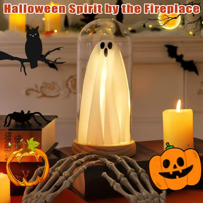 Strackvial Halloween Ghost LED Decor Light – Cute Spooky Tabletop Lamp with Wood Base & Clear Glass Cloche, Indoor Fairy Light Decoration for Mantel, Shelf & Party Centerpiece (Classic Ghost Light)
