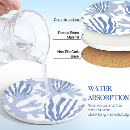 Rtteri Coastal Coasters for Drinks Set of 8 Blue Ocean Beach Starfish Shells Absorbent Ceramic Coaster with Cork Base and Metal Holder for Coastal Coffee Table Beach House Decoration Housewarming Gift