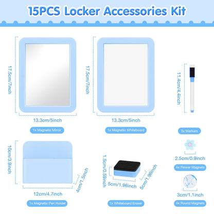 MoKo Locker Accessories Set, 15PCS Back to School Supplies Includes Magnetic Mirror, Whiteboard, Markers, Pen Holder, Magnets, Locker Organizer for School Office (Blue)