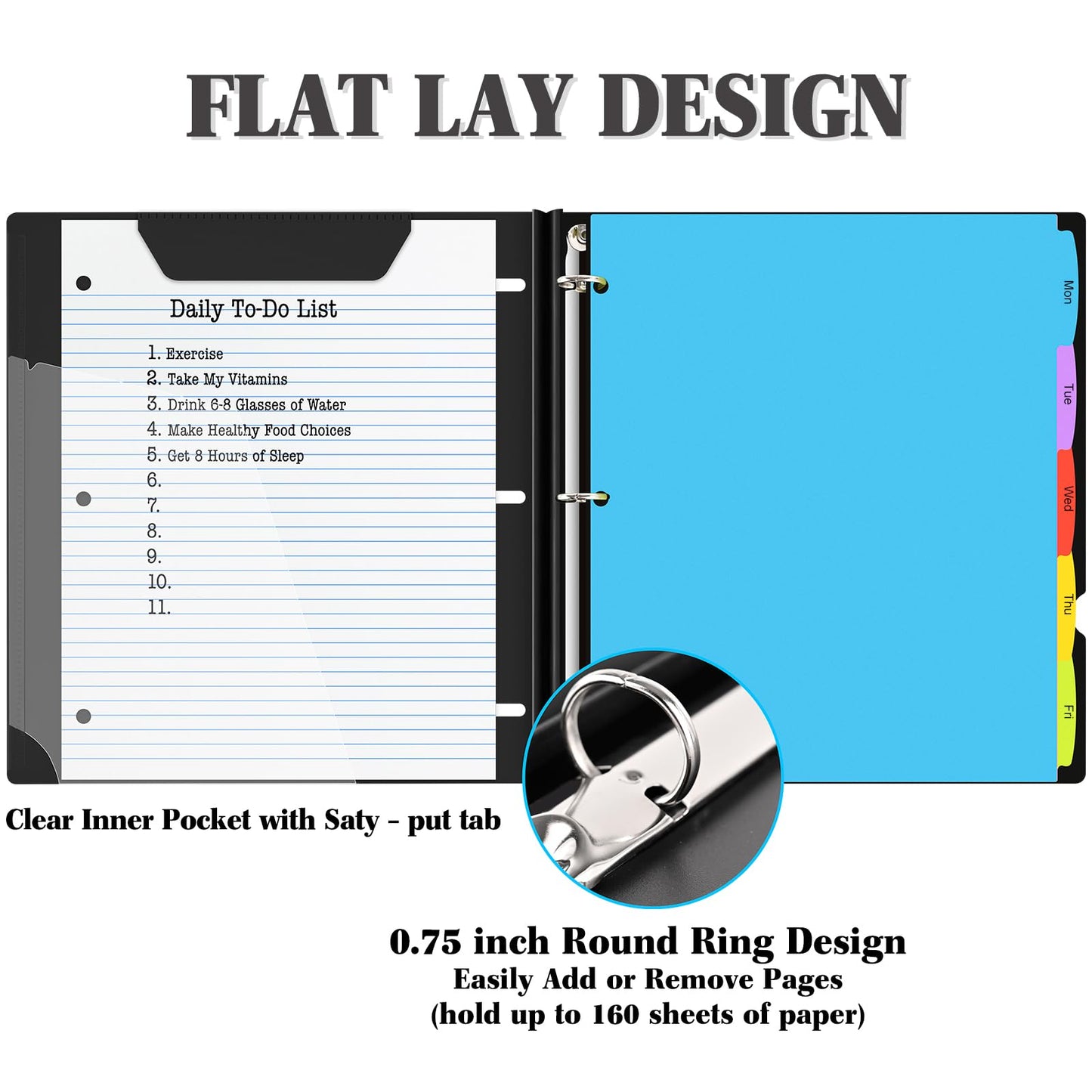 INFUN Telescoping 3 Ring Binder -4PCS-Black, Flexible Round Binder with Customizable Front Cover and Clear Catalog Pocket, 0.75 Inch Rings, Holds 160 Sheets 8.5x11 inch Paper