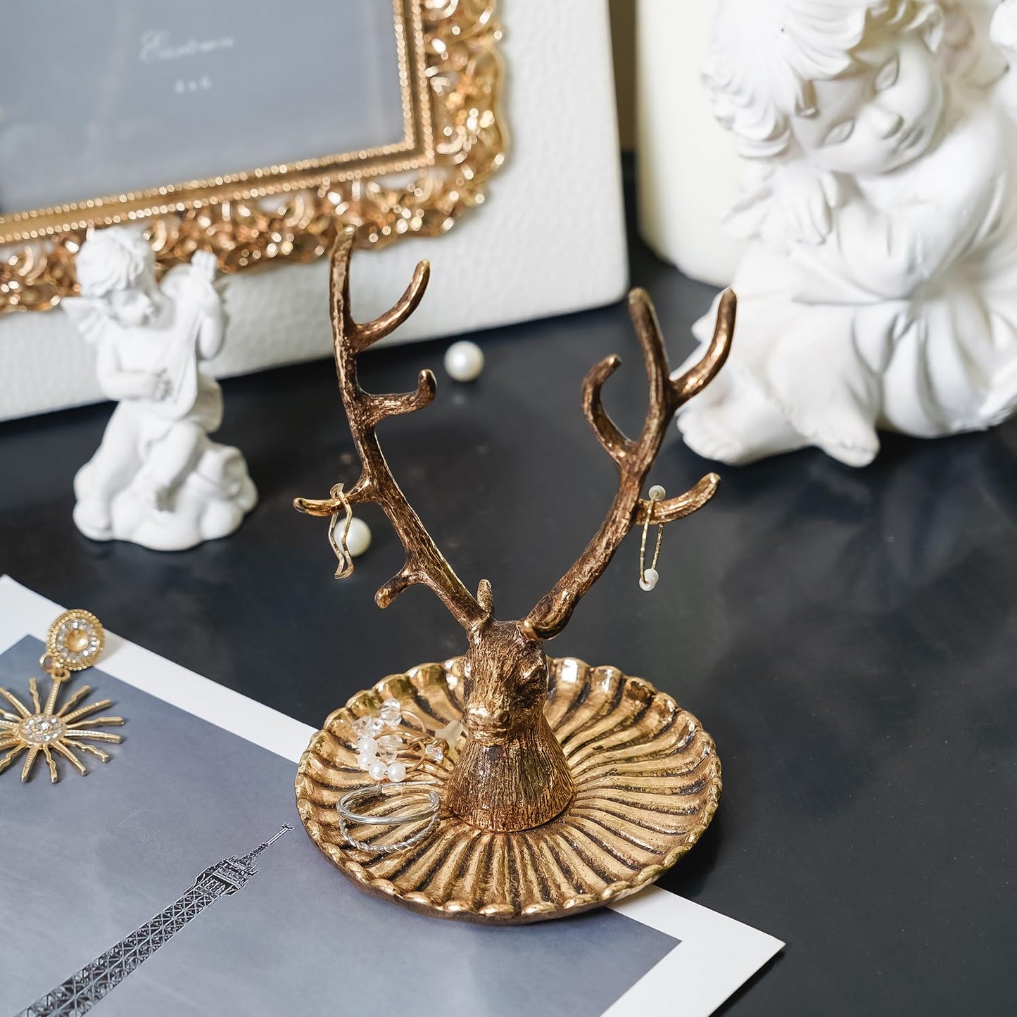 NIIKY HOME Vintage Jewelry Dish Tray, Small Deer Ring Holder, Gold Jewelry Tray, Trinket Dish Vanity Tray for Dresser Christmas Birthday Wedding Gifts