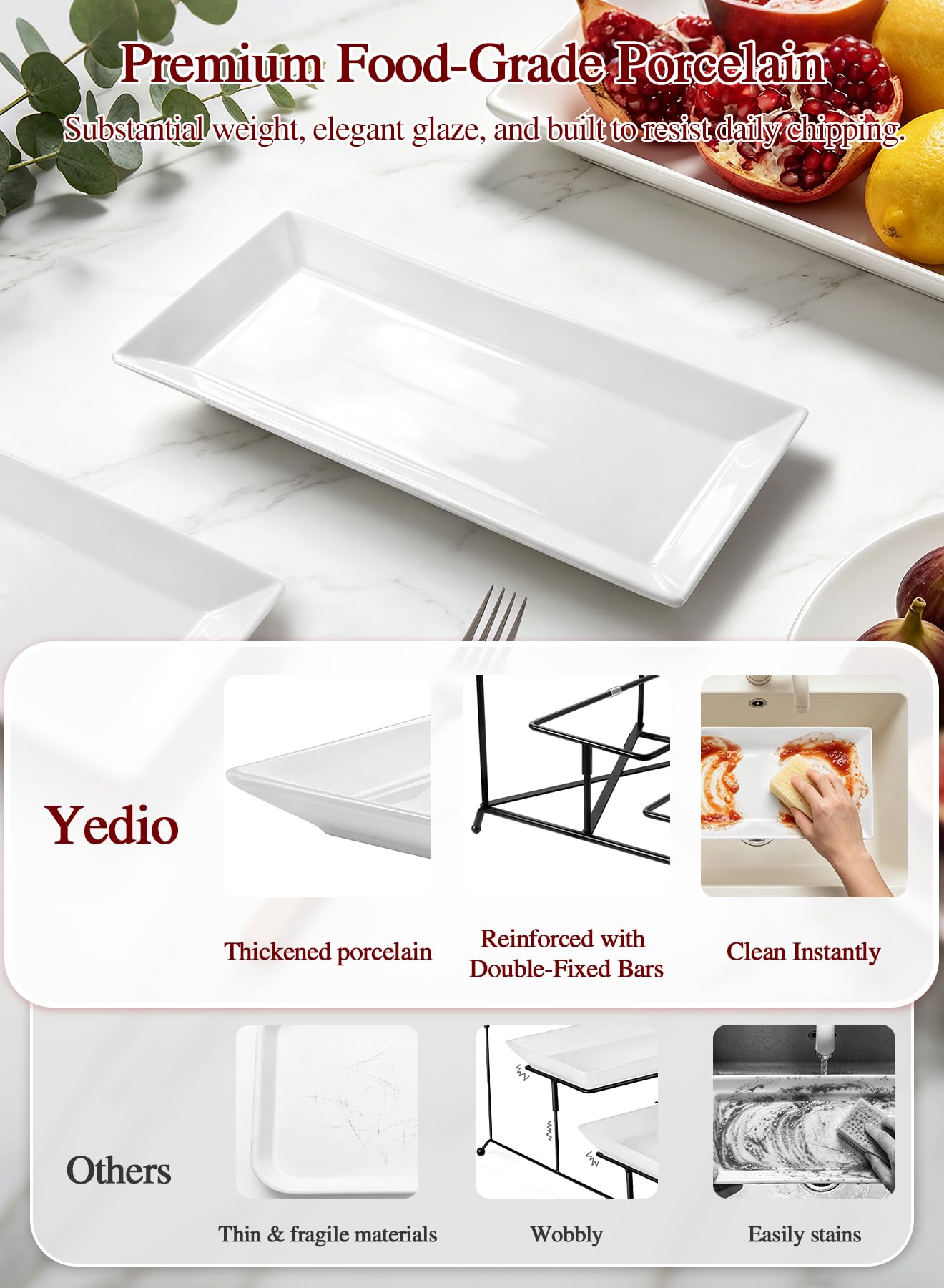 Yedio 3 Tier Serving Trays for Party, Porcelain Serving Platters and Trays, 12 Inch Tiered Tray Stand, Fruit Tray, Trays for Serving Food, White Dessert Stand with Collapsible Sturdier Metal Rack