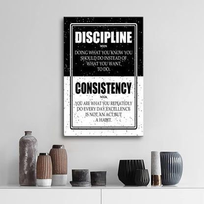 PSYYSP Discipline Consistency Framed Canvas Wall Art, Black and White Motivational Definition Poster, Inspirational Habit Typography Print for Home Office, Bedroom, Dorm, Study Room Decor, 18x12 Inch