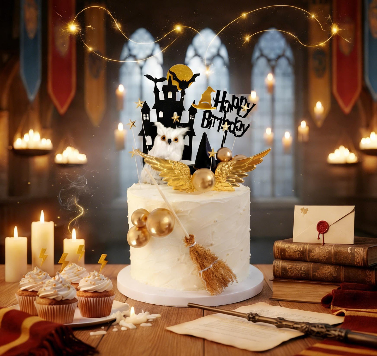 26 PCS Wizard Birthday Party Cake Decorations Set, Happy Birthday Acrylic Cake Topper with Magic Hat, Broom, Castle, Wings, Stars, Balls
