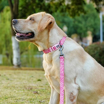 Dog Collar Leash Set, Leopard Pattern, Polyester Material, Adjustable Collar and 5ft Matching Leash, for Large Dogs.(L, Pink Leopard)