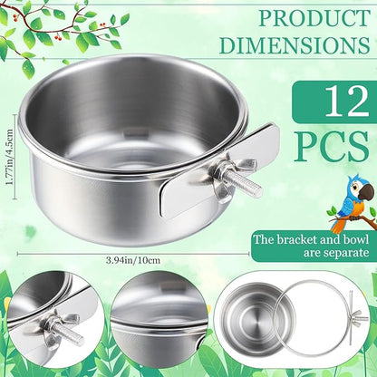 Ziliny 12 Pcs 10 oz Stainless Steel Bird Feeding Dish Cups Bird Feeder with Clamp Parrot Food Cups for Cage Pet Water Cage Bowls for Budgies Parakeet Cockatiel Small Animal