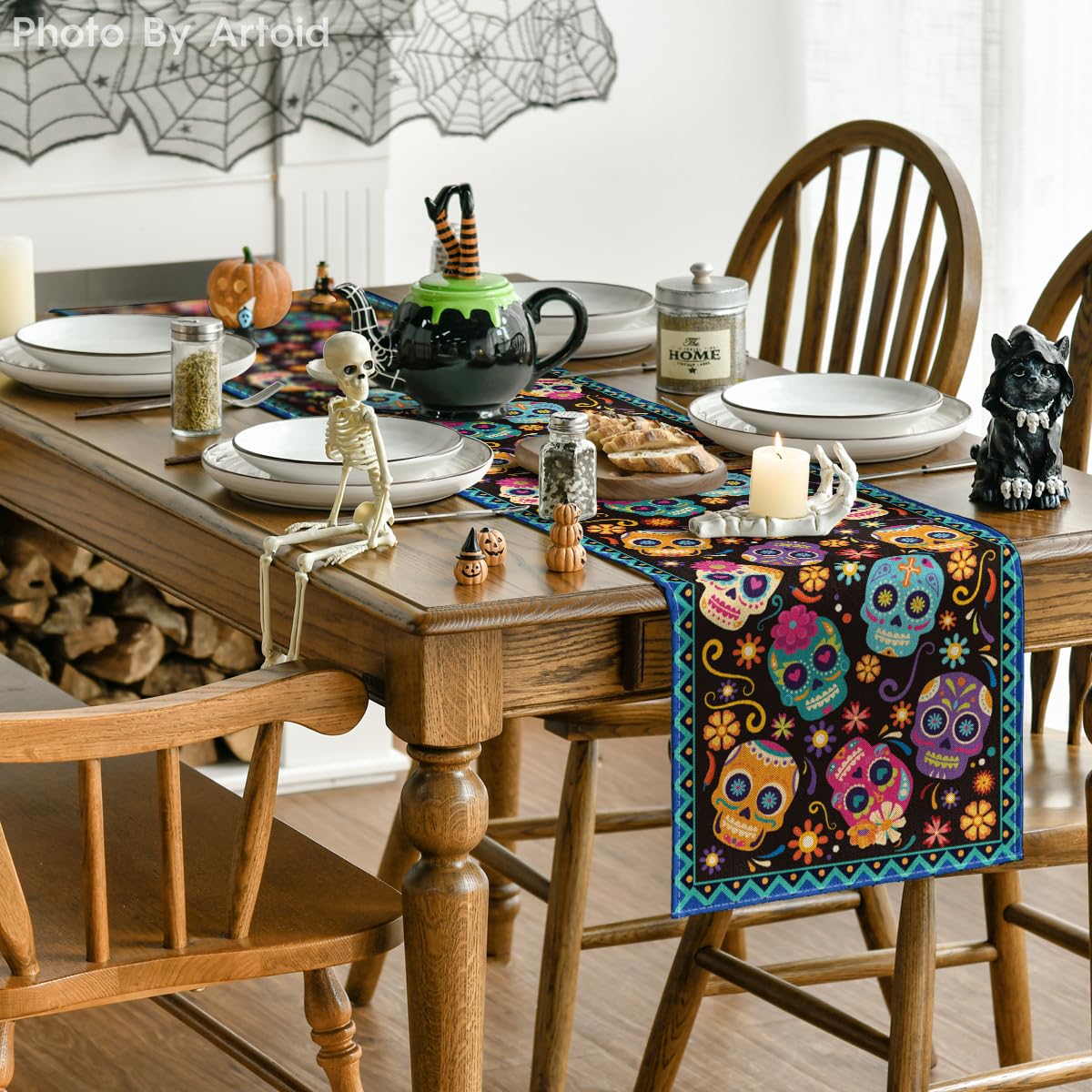 Artoid Mode Suger Skulls Floral Day of The Dead Table Runner, Halloween Seasonal Kitchen Dining Table Decoration for Home Party Decor 13x108 Inch
