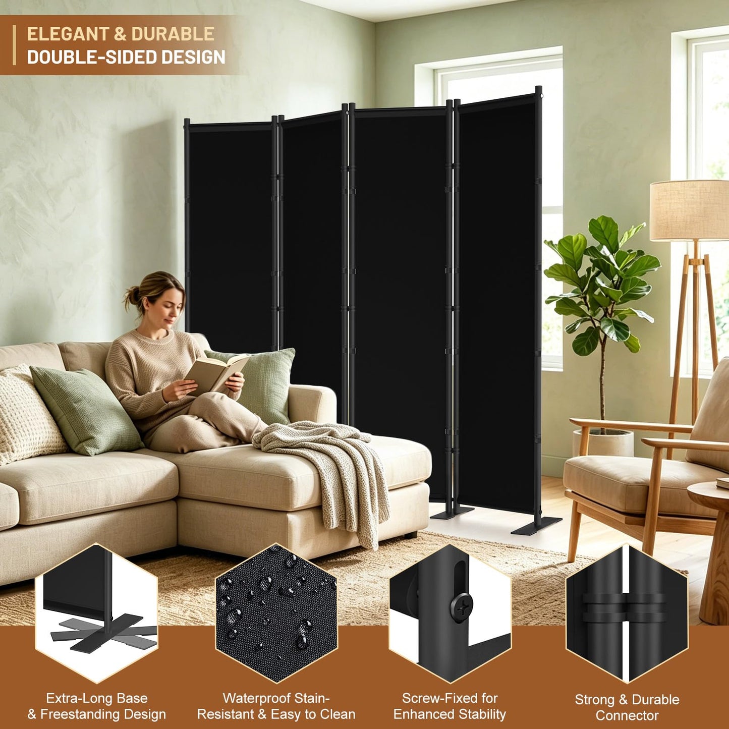 4 Panel Room Divider, 6FT Freestanding Folding Privacy Screen, Room Divider Panel 76.77" W X 75.6" H, Portable Partition Wall Dividers for Home Office Bedroom, Black
