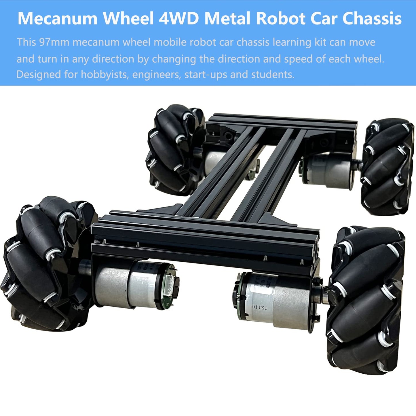 Mecanum Wheel 4wd Metal Robot Car Chassis Control Learning Kit for Arduino Raspberry Pie Microbit with DC Encoder Motor, DIY Steam AGV ROS AI Move Education Platform Robotic Functional Model Black