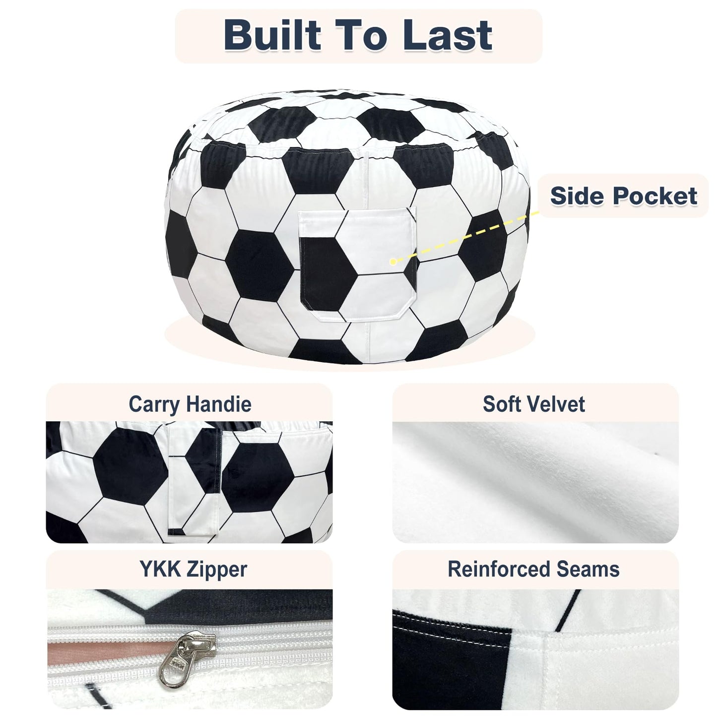 Lukeight Soccer Stuffed Animals Storage Bean Bag Chair Cover for Kids, Cozy Velvet Plush Toy Organizer Seat, Cover Only, No Filling Included, Long YKK Zipper, Side Pocket, X-Large 30 x 18 in