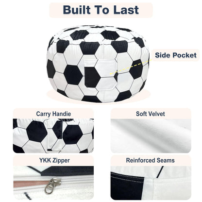 Lukeight Soccer Stuffed Animals Storage Bean Bag Chair Cover for Kids, Cozy Velvet Plush Toy Organizer Seat, Cover Only, No Filling Included, Long YKK Zipper, Side Pocket, X-Large 30 x 18 in