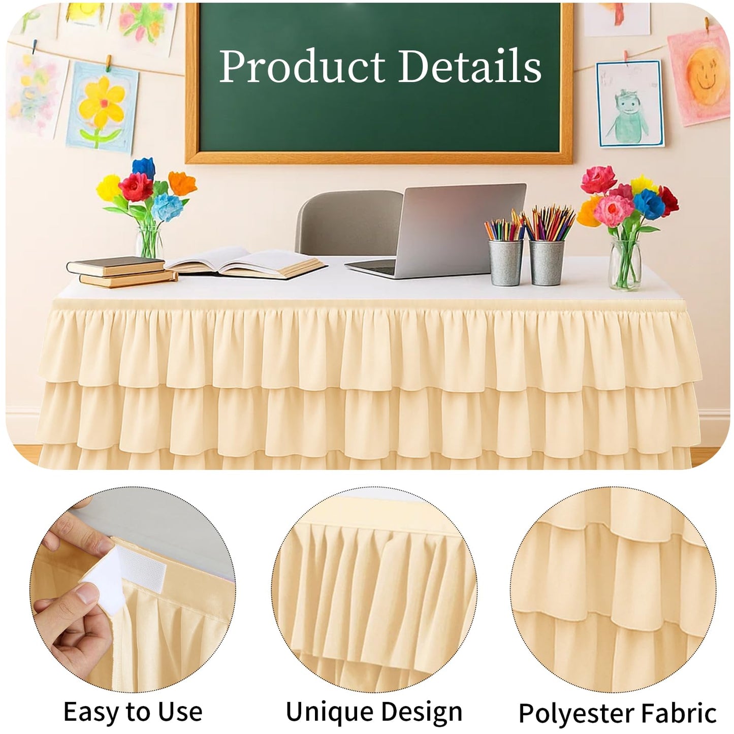 Wokuaile Champagne Table Skirt Tutu Ruffled Tablecloth for Classroom Teacher Desk Skirt Back to School Supplies for Princess Girls Birthday Party Cake Dessert Decorations, 6FT