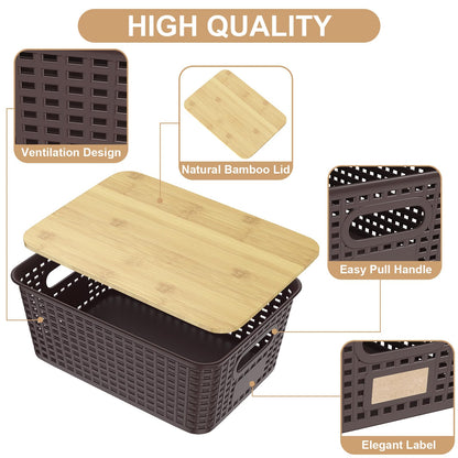 6Pcs Storage Bins with Lids, Stackable Plastic Storage Basket with Bamboo Lid, Pantry Organizer Box Small Containers for Organizing Shelves Drawer Desktop Closet Cabinet Office Classroom 10x7.1x4.1in