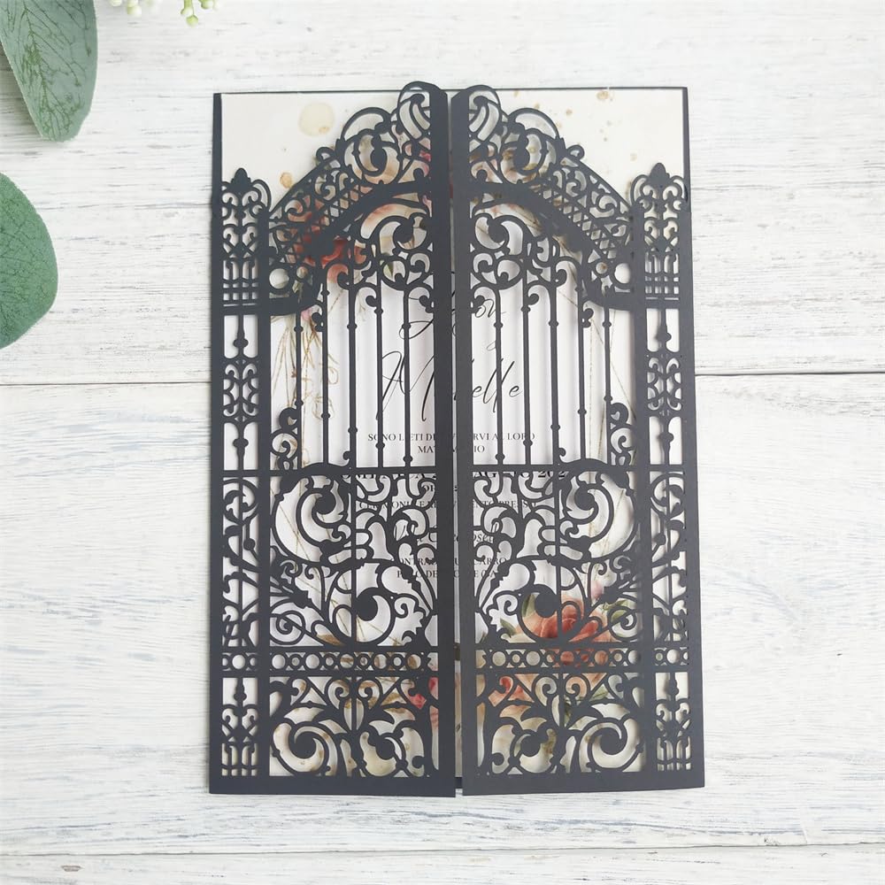 MillaSaw Black Gate Invitation Laser Cut Card For Wedding Engagement Mermaid Birthday Party 25 Sets (black, 4.9"x7.1")