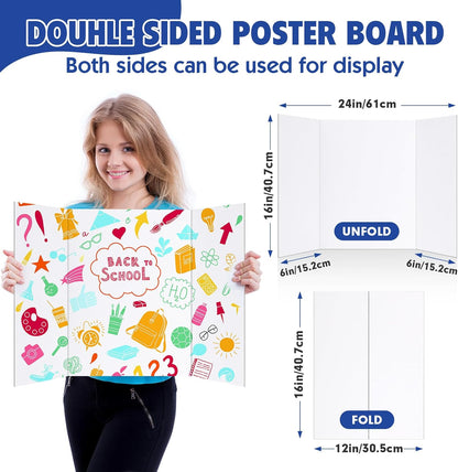 Trifold Poster Board,24 Pack 24" x 16" White Corrugated Poster Boards,Display Board,Perfect for School Projects, Science Fairs, Event Displays, and Business Presentations