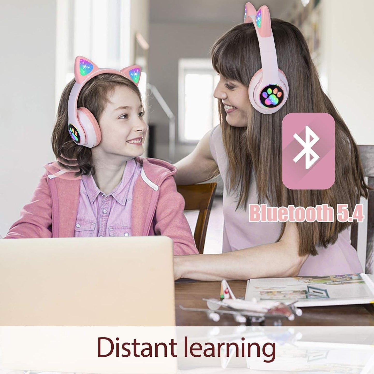 TCJJ Bluetooth 6.0 Cat Ear Kids Headphones for Girls, LED Light Up, 85dB Safe Volume Limit, Stereo Sound Toddler Foldable Wireless & 3.5mm Wired Headset with Mic for School, Tablet, Travel