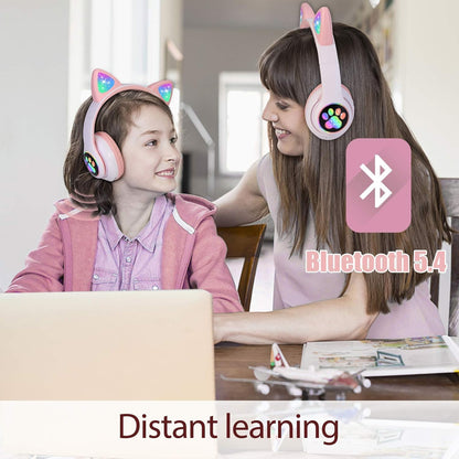 TCJJ Bluetooth 6.0 Cat Ear Kids Headphones for Girls, LED Light Up, 85dB Safe Volume Limit, Stereo Sound Toddler Foldable Wireless & 3.5mm Wired Headset with Mic for School, Tablet, Travel