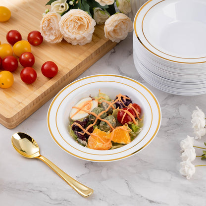 Goodluck 100 Pack Plastic Bowls with Gold Rim, 12oz Disposable Soup Bowls, Heavy Duty Dessert Bowls for Weddings, Parties, Dinners, Catering, Thanksgiving and Everyday Use