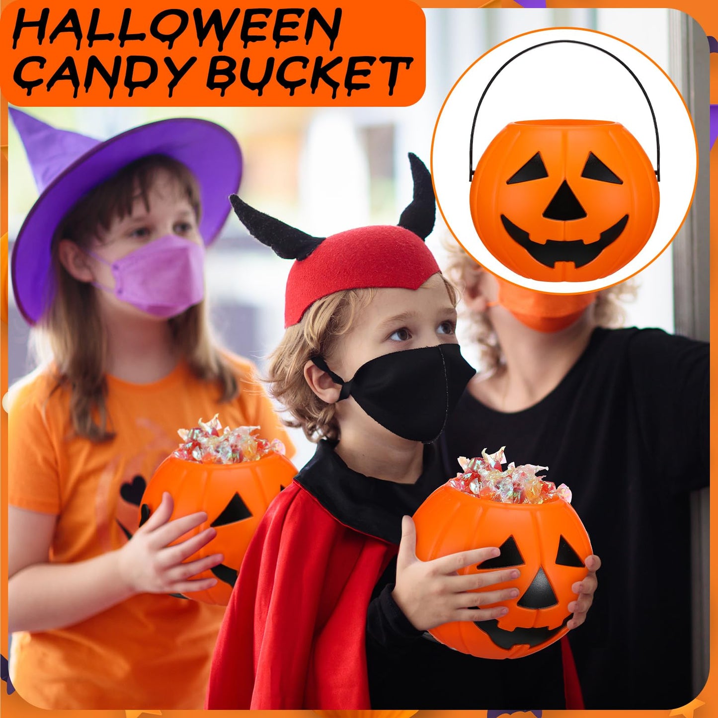 Beeveer 8 Pcs Plastic Pumpkin Buckets Trick or Treat Halloween Candy Baskets with Handle 6.7 x 5.1 Inches Plastic Pumpkin Large Candy Basket for Halloween Trick or Treat Party Supplies (Funny)