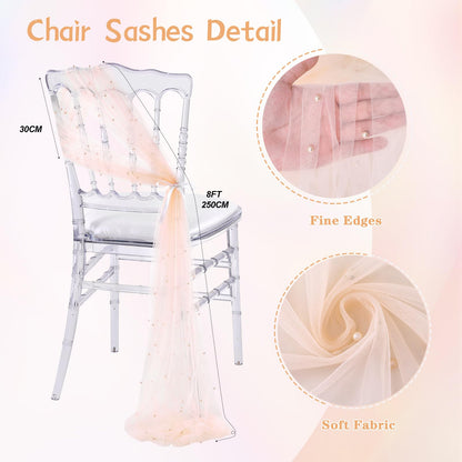 QueenDream Wedding Chair Sashes Aisle Decorations: Champagne Pearls Chair Cover 16 Pack 8FT Long Tulle Draping Fabric Reception Church
