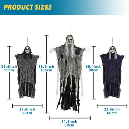 QPMR Halloween Decorations Outdoor/Indoor,Set of 3 Scary Hanging Ghosts,Halloween Grim Reaper Skeleton, Scary Party Decorations,Haunted House Decor for Yard/Lawn/Garden.