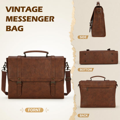 IGOLUMON Messenger Bag for Men 15.6 inch Vintage Leather Waterproof Laptop Briefcase Large Computer Laptop Bag Leather Satchel Bag Retro Shoulder Bag for Office Business Travel College, Brown