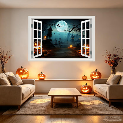 Fake Window Wall Decals Halloween Pumpkin Castle Bat Night View Terror Mural Faux Window Sticker Poster Open Wall Art Picture， for Room Office Decor Stick and Peel Natural Scenery Scene 16“x24”