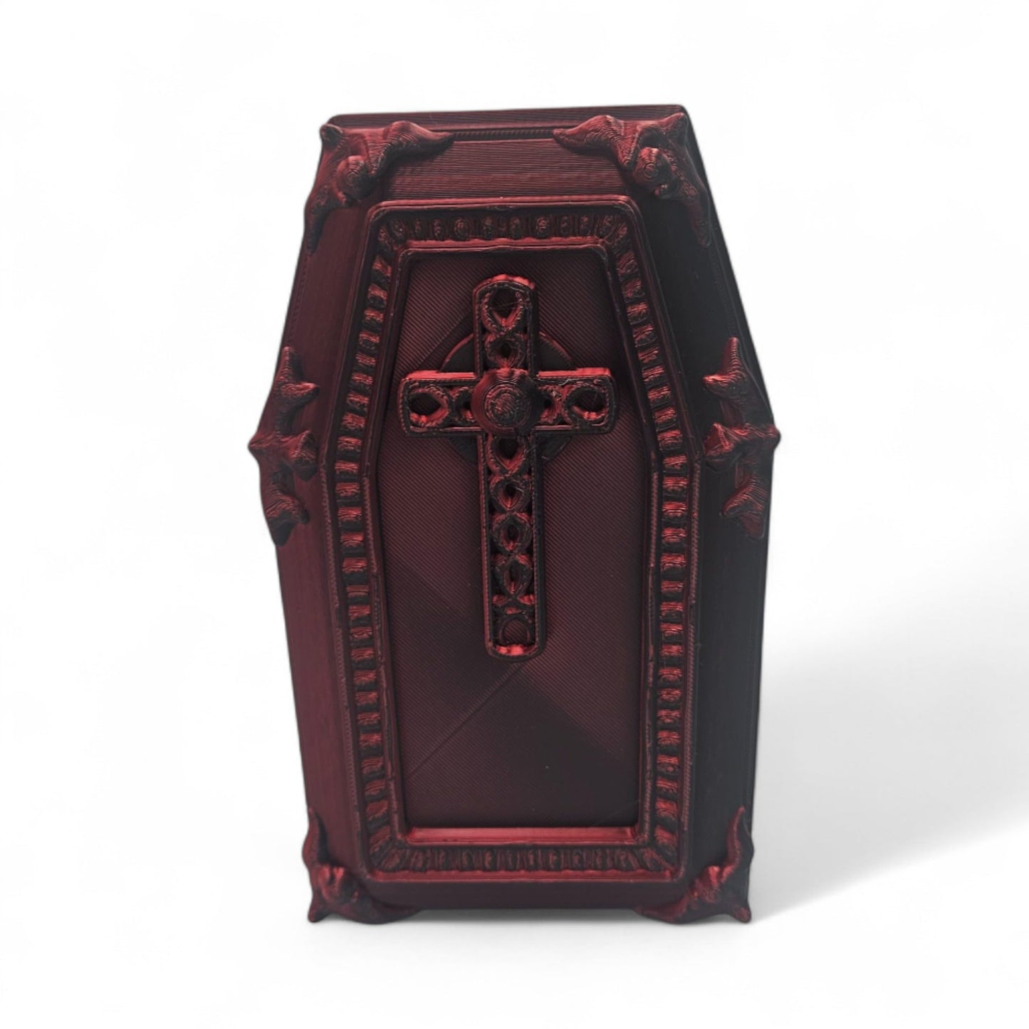 ZZ LIFE Coffin Display Container – Gothic Halloween Storage Box – Spooky Decorative Prop for Desk or Shelf – 3D Printed Creepy Organizer – Goth Inspired Display Case (Red/Black)