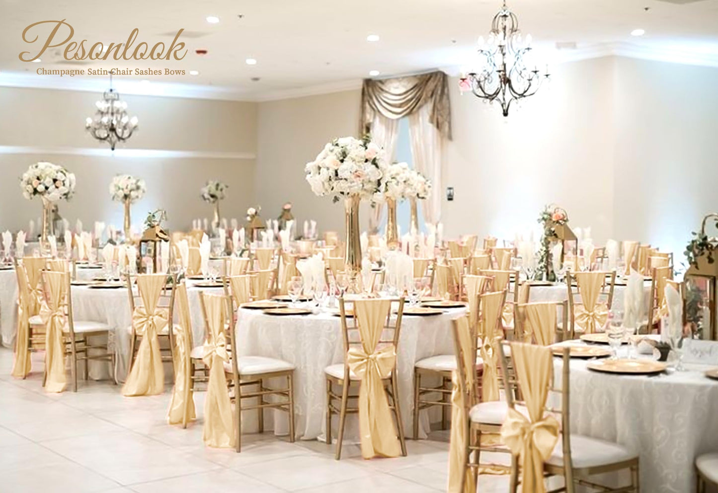 Pesonlook 120 PCS Champagne Satin Chair Sashes Bows Satin Chair Sashes Universal Chair Cover for Wedding Reception Restaurant Event Decoration Banquet,Party,Hotel Event Decorations (7 x 108 inch)