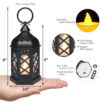 LLQ (8Pack-5Inch) Mini Lantern with Flickering LED Candle for Table Centerpiece, Black Halloween Decorations, Small Hanging Decorative Lantern for Wedding Christmas, Fall Garden Party Decor for Home